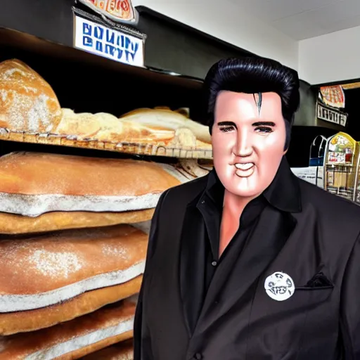 Prompt: Elvis at wholegrain bakery Aldinga hyper realistic, high octane