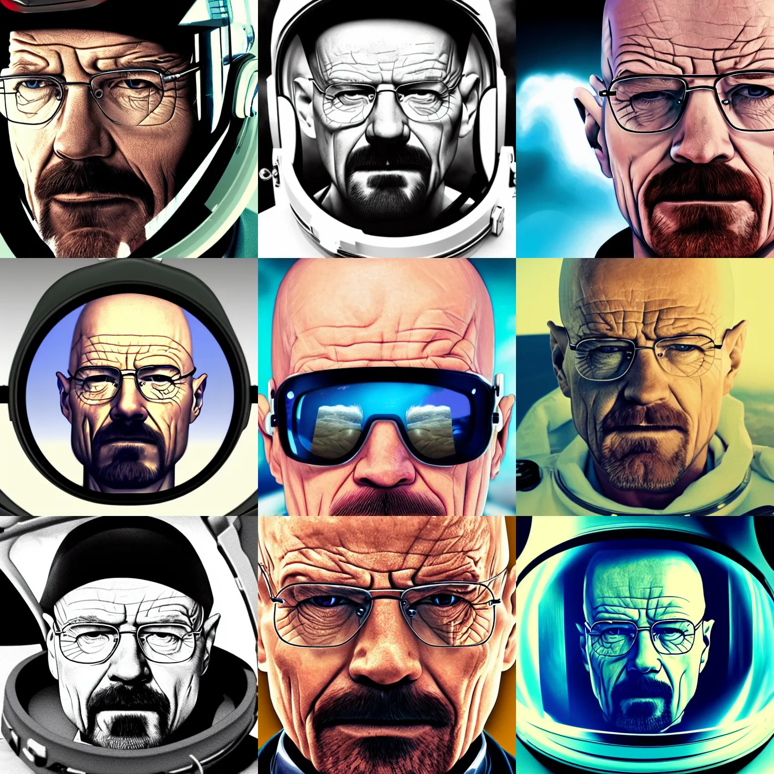 Prompt: the face of walter white peeking through the visor of an among us spaceman 4 k