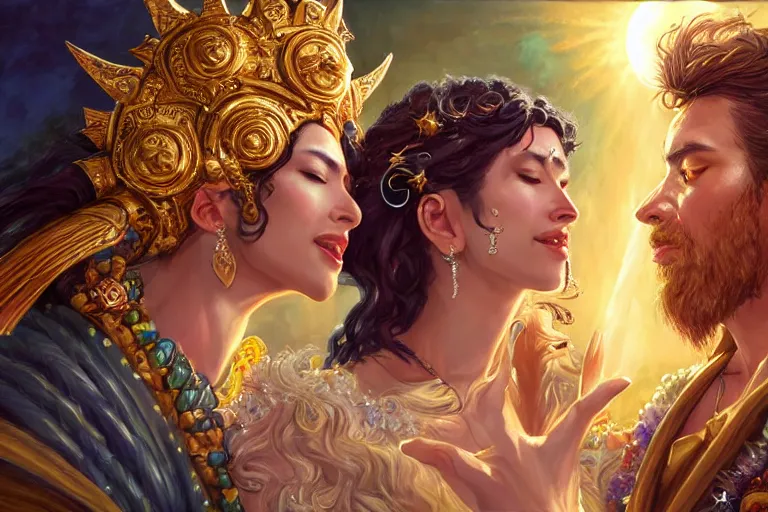 Image similar to close up moment of a divine a sun god and a moon goddess lovers magician at a wedding banquet, highly detailed, d & d, fantasy, highly detailed, digital painting, trending on artstation, concept art, sharp focus, illustration, art by artgerm and daniel gerhartz and magali villeneuve