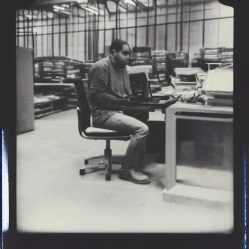 Image similar to a polaroid photo of man using a laptop inside in warehouse, he sitting on chair and small table, photo from behind