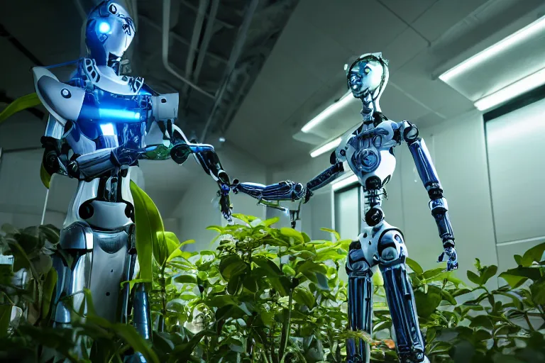 Image similar to photograph of an androgynoid robot taking care of plants on an inter - galactic spaceship, 8 k, beautiful lighting, shallow depth of field, ultra realistic, hyper - detailed, sci - fi movie style, coherent composition,