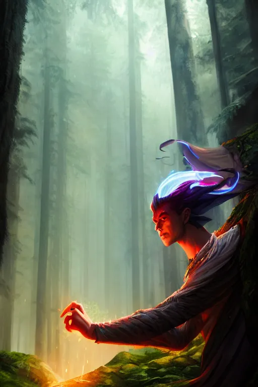 Prompt: a human elemental sorcerer, forest setting, colorful magic, male, white skin, young, sharp focus, concept art, dynamic lighting, unreal engine, character by emylie boivin, background by greg rutkowski