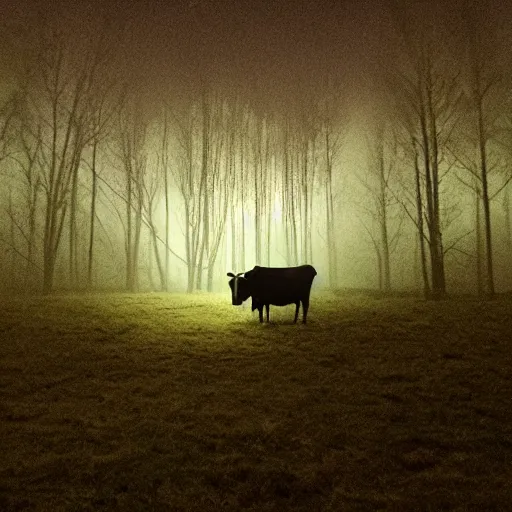 Image similar to low quality photograph of a cow looking at the camera at night, dark, creepy mood, dark forest, low lighting