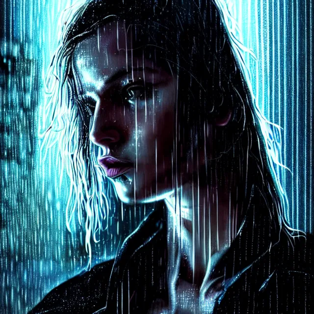 Prompt: bright portrait backlit rain on face and wet hair, cyberpunk, overhead lighting, fantasy, intricate, elegant, dramatic lighting, highly detailed, lifelike, photorealistic, digital painting, artstation, illustration, concept art, smooth, sharp focus, art by John Collier and Albert Aublet and Krenz Cushart and Artem Demura and Alphonse Mucha