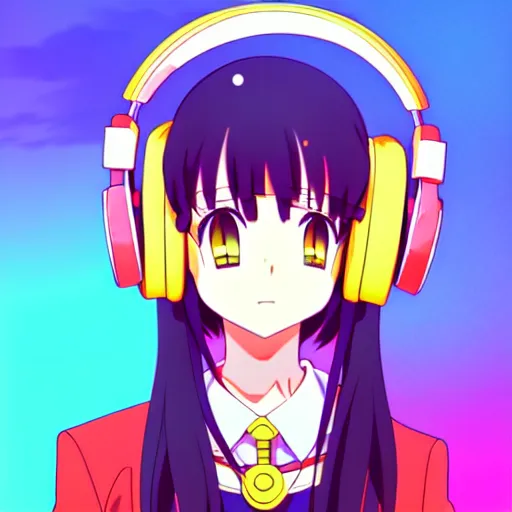 Image similar to An anime character's head wearing retro headphones. 90s anime, Sailor Moon, Neon Genesis, official art, flat cell shading, fantastic screenshot art, trending on artstation, muted nostalgic colors