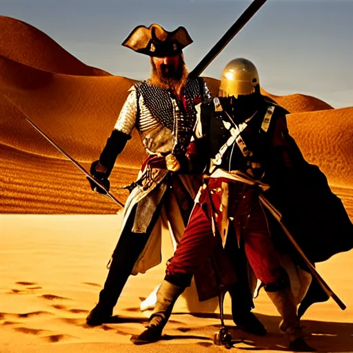 Prompt: a man dressed as a pirate and a knight in the desert, film still, cinematic composition