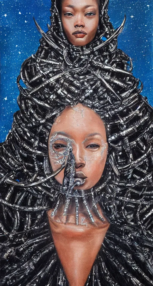 Prompt: hyperrealism oil painting, close-up portrait of black medieval queen fashion model, melted cyborg, ocean pattern mixed with star sky, in style of classicism mixed with 70s japan book art