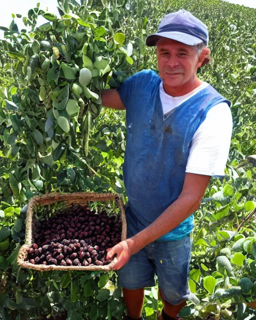 Image similar to farmer picking up carob,