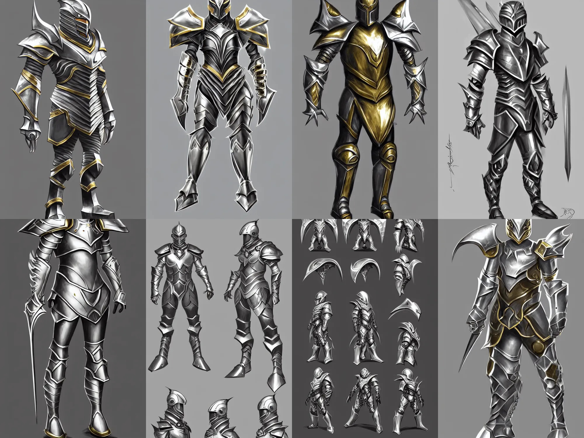 Prompt: fantasy armor, silver with gold trim, concept sketch, extremely clean, heavily exaggerated proportions, huge shoulder pauldrons, flat shading, smooth, polished, shiny, fantasy character portrait, orthographic front view, A-pose, full body