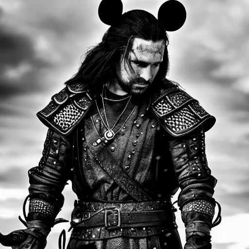 Image similar to mickey mouse as the witcher, cinematic, dark, sharp focus, black and white, highly detailed, portrait