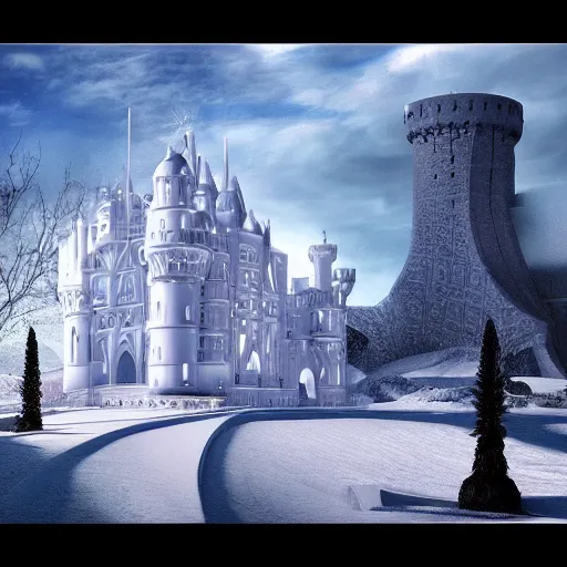 Prompt: Photo of a beautiful castle made of Ice designed by Zaha Hadid digital art