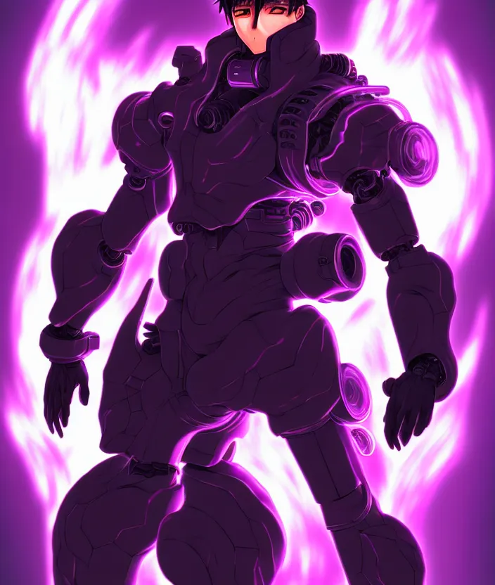 Image similar to a detailed manga illustration character full body portrait of a dark haired cyborg anime man wreathed in purple fire, trending on artstation, digital art, 4 k resolution, detailed, high quality, sharp focus, hq artwork, insane detail, concept art, character concept, character illustration, full body illustration, cinematic, dramatic lighting