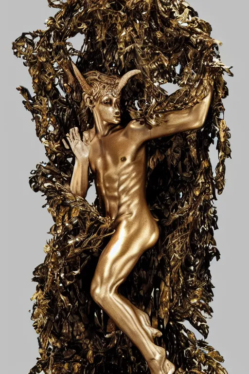 Image similar to a cinematic view of a ornated intricate mystic faun statue made by hedi xandt, chris haas and bernini, realistic, macabre art, partially covered by a wrapped black fabric veil, using few gold ornaments detailed image