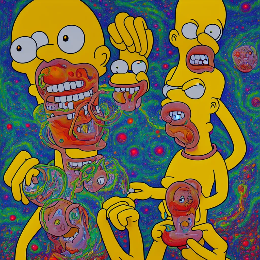 Image similar to an oil on canvas portrait painting of a homer simpson acid trip, polycount, surrealism, surrealist, lovecraftian, cosmic horror, high detail