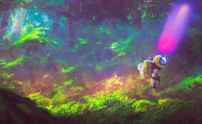 Image similar to a still of a cute adorable tiny astronaut, on a planet of lush colorful foliage surrounded by monster dragons, magical forest, sharp focus, neon backlit, highly detailed, disney pixar studio ghibli makoto shinkai, digital painting, matte, octane render, cinematic volumetric lighting, global illumination, iridescent, anime, 8 k concept art