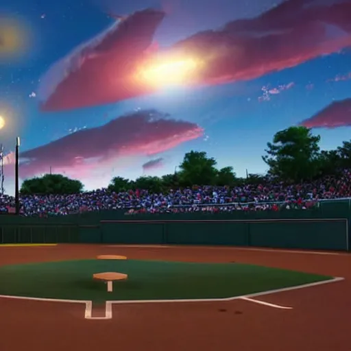 Prompt: disney pixar render of an aberration in the fabric of reality above a little league baseball game, tearing reality apart, everyone looks up at the sky, cinematic lighting