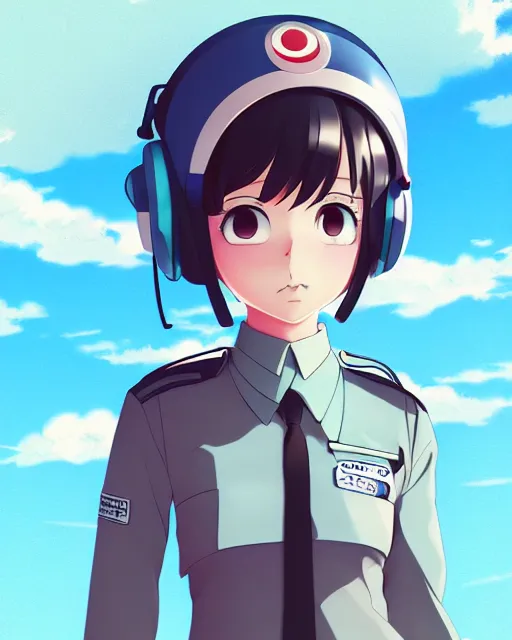 Image similar to Anime girl is dressed in plane pilot uniform. Anime. by lois van baarle, ilya kuvshinov, rossdraws, Ghibli marker anime art, manga concept Blizzard pixar maya engine on stylized background splash comics global illumination