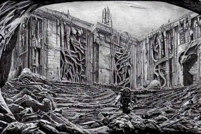 Image similar to opening a portal in the ruins of a familiar city, on mars, in the 4 0 th millenia, by hr giger