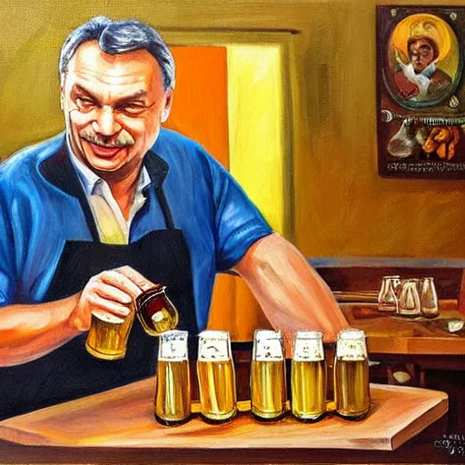 Prompt: viktor orban brewing beer in his kitchen, oil painting