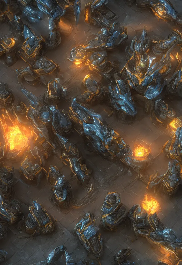 Image similar to protoss base with units warping from the gate, realistic, soft natural volumetric lighting, beautifully detailed 4 k octane render, 4 k post processing 8 k