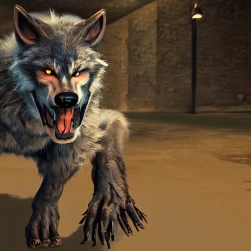 Image similar to werewolf hidden in the dark. higly detailed. unreal engine 5