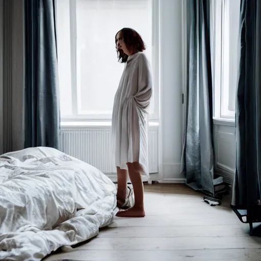 Prompt: a woman, posing in a bedroom, photo by Marat Safin, Canon EOS R3, 35mm, f/1.4, ISO 200, 1/160s, 8K, RAW, unedited, symmetrical balance, in-frame