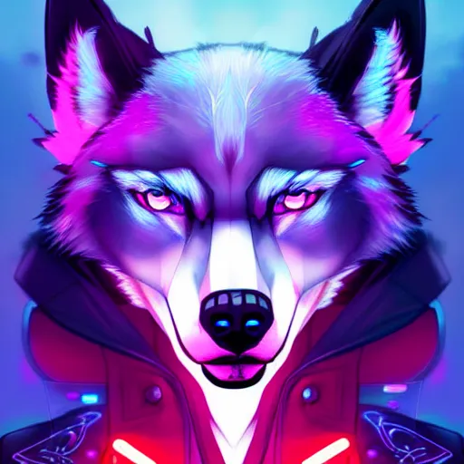 Prompt: beautiful furry digital art portrait commission of an androgynous furry anthro wolf fursona wearing punk clothes in the streets of a cyberpunk city. neon signs. character design by charlie bowater, ross tran, artgerm, and makoto shinkai, detailed, inked