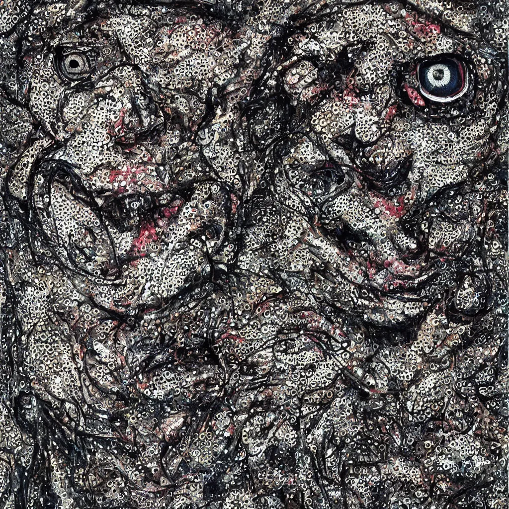 Image similar to camo made of eyes, technical, acrylic, teeth, eerie, tribal, clay, dotting, lines, stipple, points, cybernetic, style of old painting, francis bacon art, rei kawakubo art, hypnosis, eerie, terror, oil, neon, black and white background, splotches, colorful dots, ominous, terror, teeth, smiles