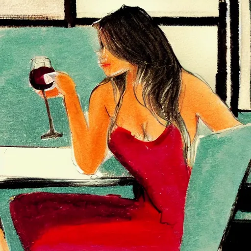 Image similar to sketch of a girl in a red dress on a date night sitting on the table from front with a wine sushi on the table