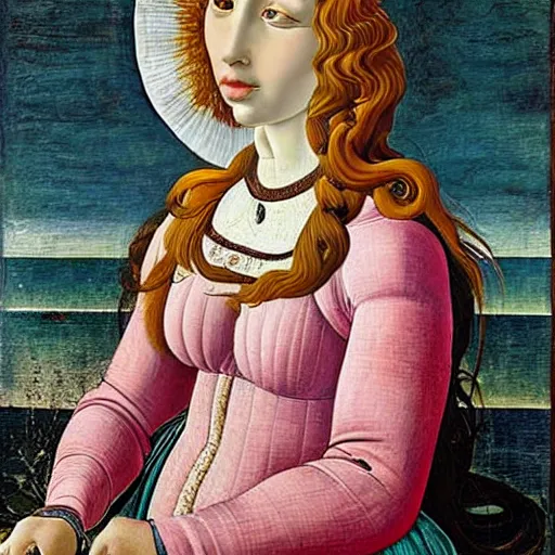 Image similar to an ultradetailed mythological oil painting of a beautiful woman with long brown hair, full body, wearing pink floral chiton, lying within a giant scallop shell, near the seashore, intricate lines, elegant, renaissance style, by sandro botticelli