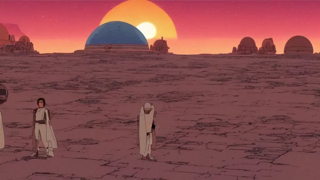 Prompt: tatooine landscape Star Wars a new hope 1977 studio ghibli animation