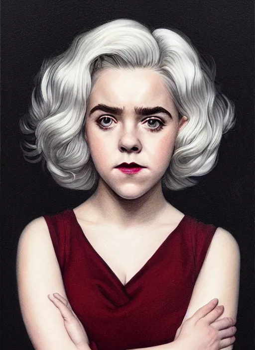 Image similar to full body portrait, kiernan shipka as sabrina spellman, white hair, obese, bangs, sultry, realistic, sultry smirk, fluffy bangs, curly bangs, fat, belly, intricate, elegant, highly detailed, digital painting, artstation, concept art, smooth, sharp focus, illustration, art by wlop, mars ravelo and greg rutkowski