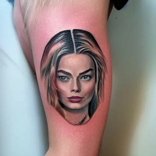 Prompt: face morph tattoo design of margot robbie with beautiful mountain scenery, in the style of arlo dicristina, amazing detail, mash up