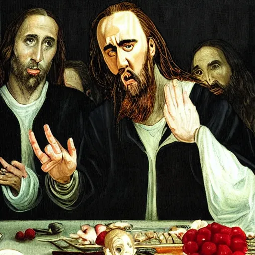 Image similar to nic cage in the last supper as painted by george w bush