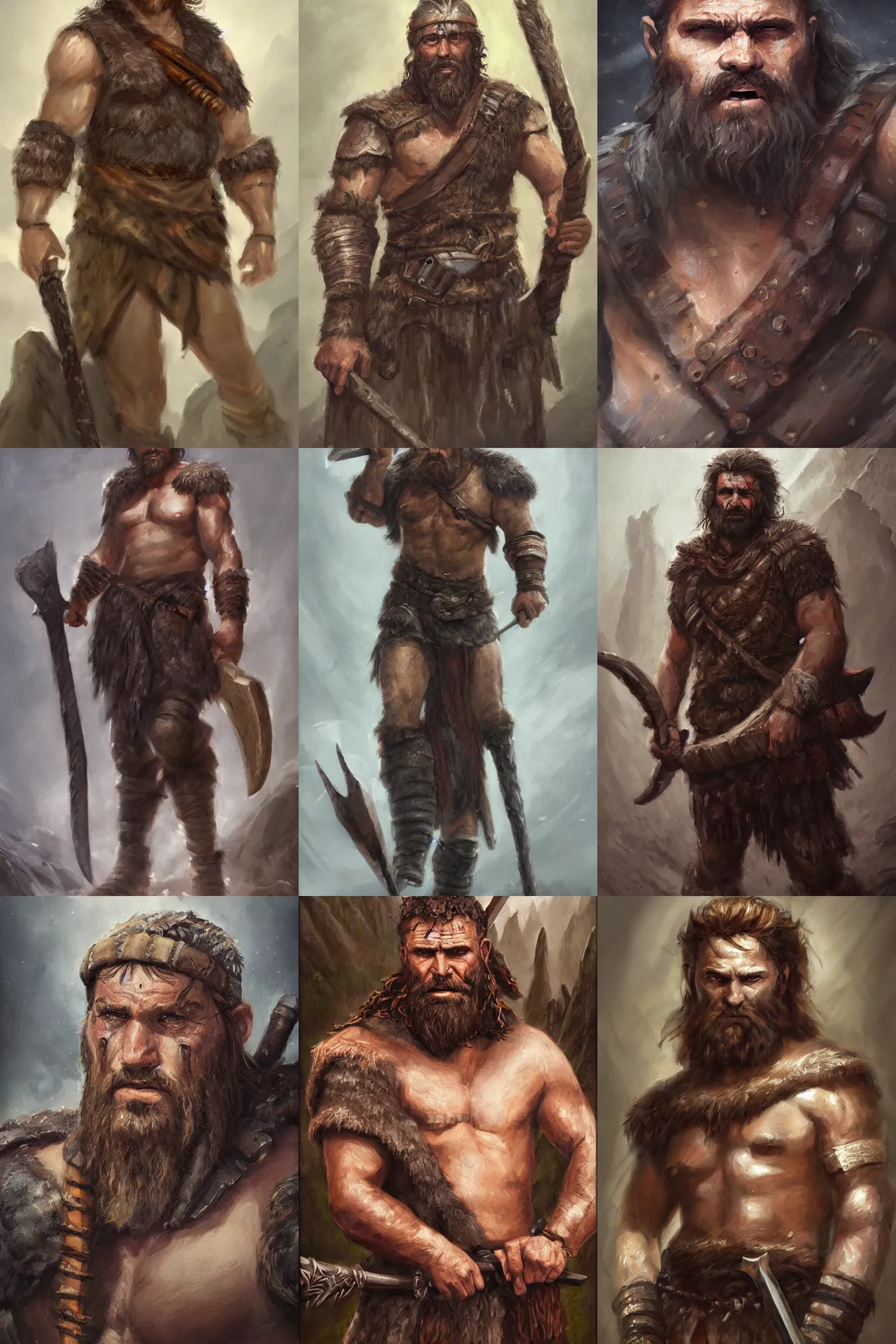 Prompt: a full body, fantasy portrait oil painting illustration of a single rugged stoic barbarian man by Justin Sweet with face and body clearly visible, d&d, rpg, forgotten realms, artstation trending, high quality, sombre mood, artstation trending, muted colours, no crop, entire character!,