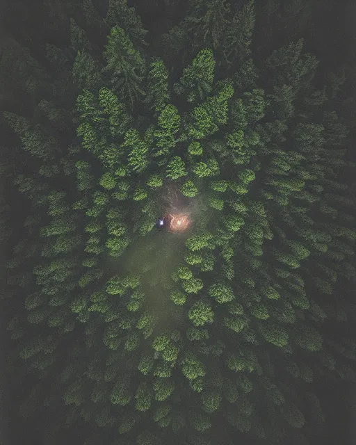 Prompt: werewolf in forest at night, shot from drone, grainy, polaroid