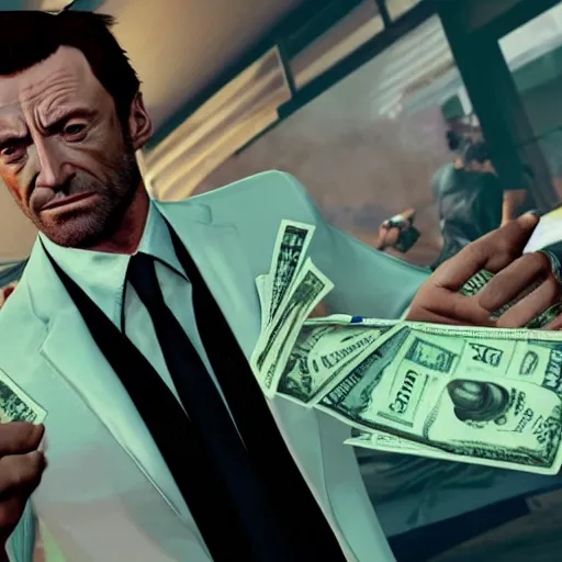 Image similar to action shot of hugh jackman in GTA V at the dance club taking selfies with friends and a pile of cash in the background, 8K, highly detailed, photo realistic