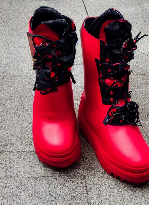 Image similar to hyperrealistic and heavy detailed balenciaga boots of whole lotta red by playboi carti, leica sl 2 5 0 mm, vivid color, high quality, high textured, real life