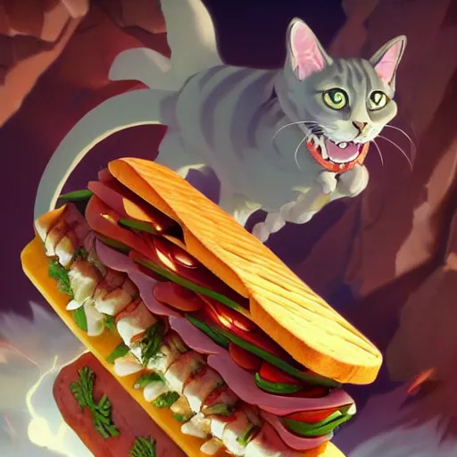 Image similar to a scared cat running away from the giant carnivorous sandwich, artstation hq, dark phantasy, stylized, symmetry, modeled lighting, detailed, expressive, true unsimulated emotions, created by hayao miyazaki