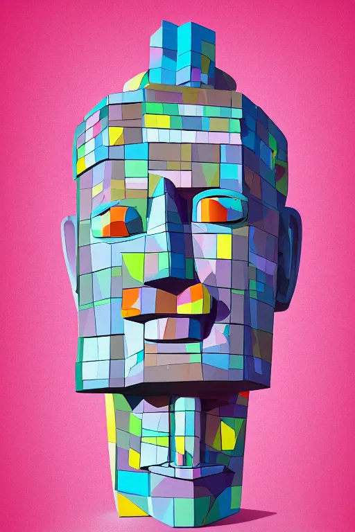 Image similar to cubist moai statue cutout digital illustration cartoon colorful beeple