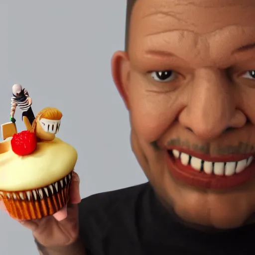 Image similar to photorealistic sculpture of edp the youtube holding a cupcake,