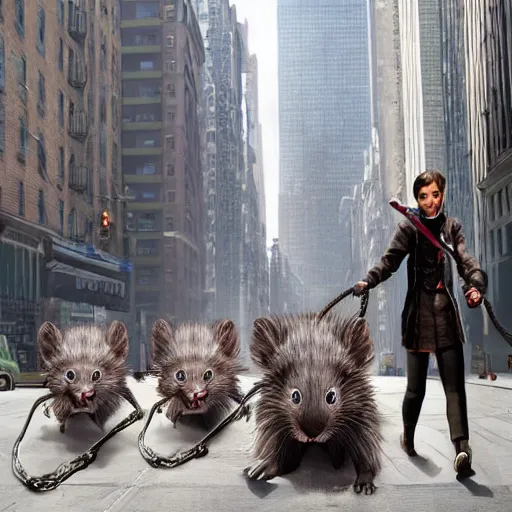 Image similar to Stunning Hyperealistic portrait of Giant Dishonored enormous furry rats walking humans on a leash in the city of New York.