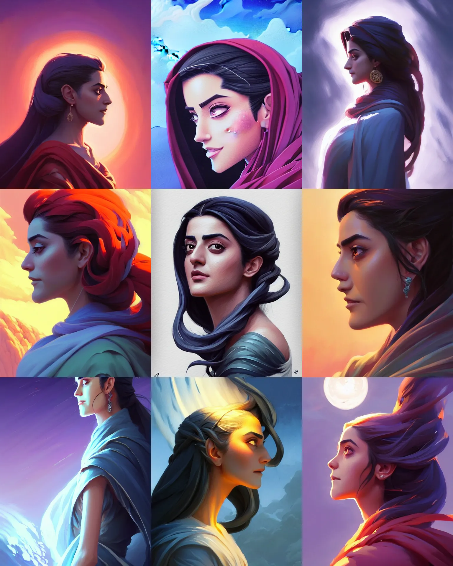 Prompt: side profile centered painted portrait, Maya Ali as a storm sorcerer, D&D, matte painting concept art, beautifully backlit, official fanart, pretty, beautiful, elegant, 4k, HDR, Trending on artstation, Behance, by Jesper Ejsing and RHADS and Makoto Shinkai and Lois van baarle and ilya kuvshinov and rossdraws and Cushart Krentz and Gilleard James