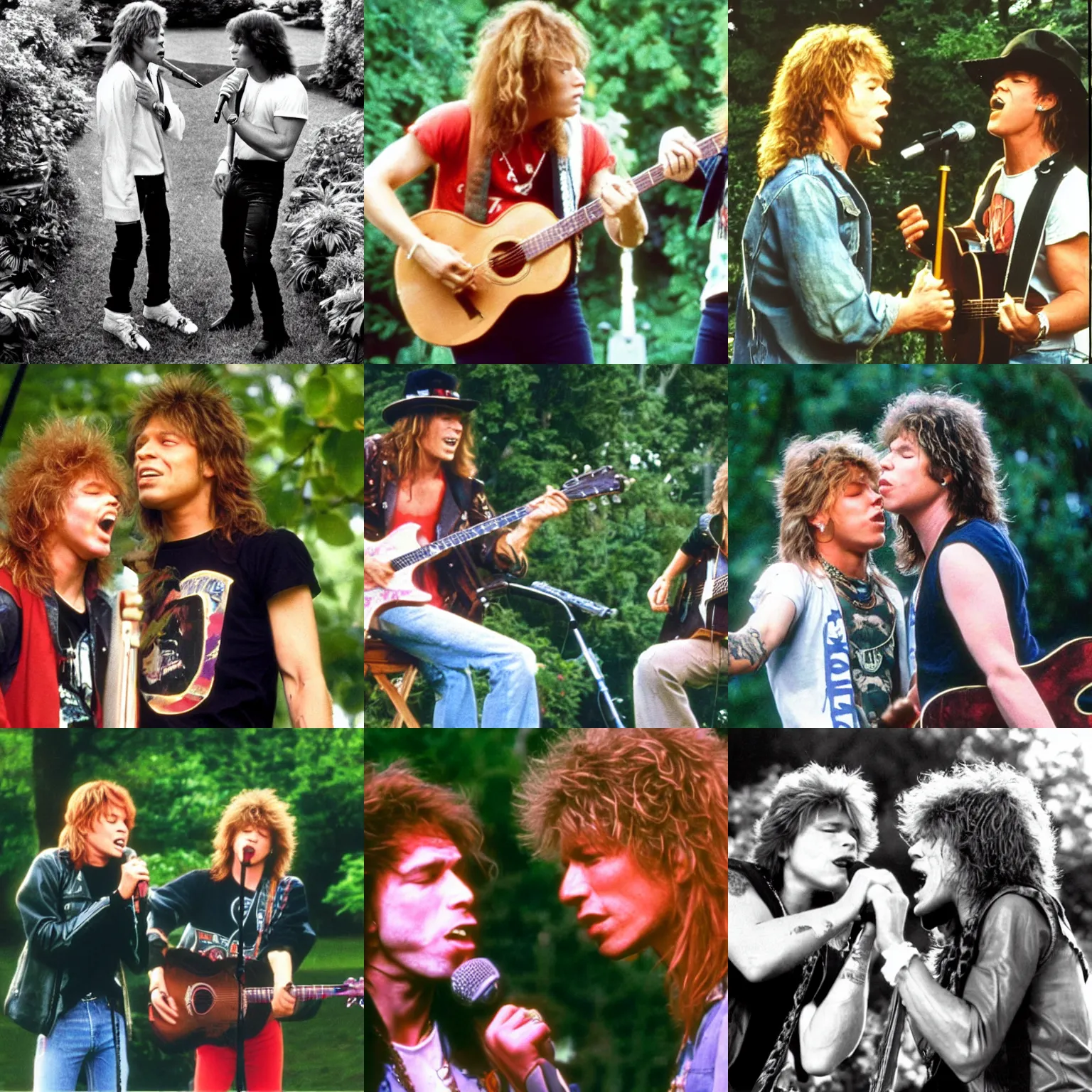 Prompt: young axl rose and young bon jovi singing a love duet in a beautiful garden, hyperrealistic, sharp focus,