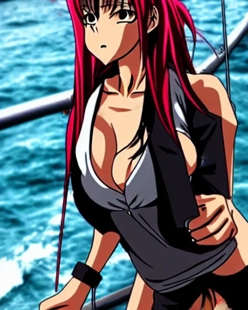 Prompt: style of madhouse anime, revy from black lagoon, on a boat, smirk on face