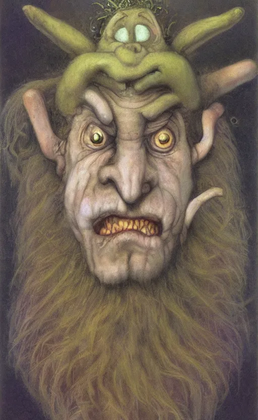 Image similar to mischievous troll man, by brian froud, stars, muted colors, oil on canvas, oil panting