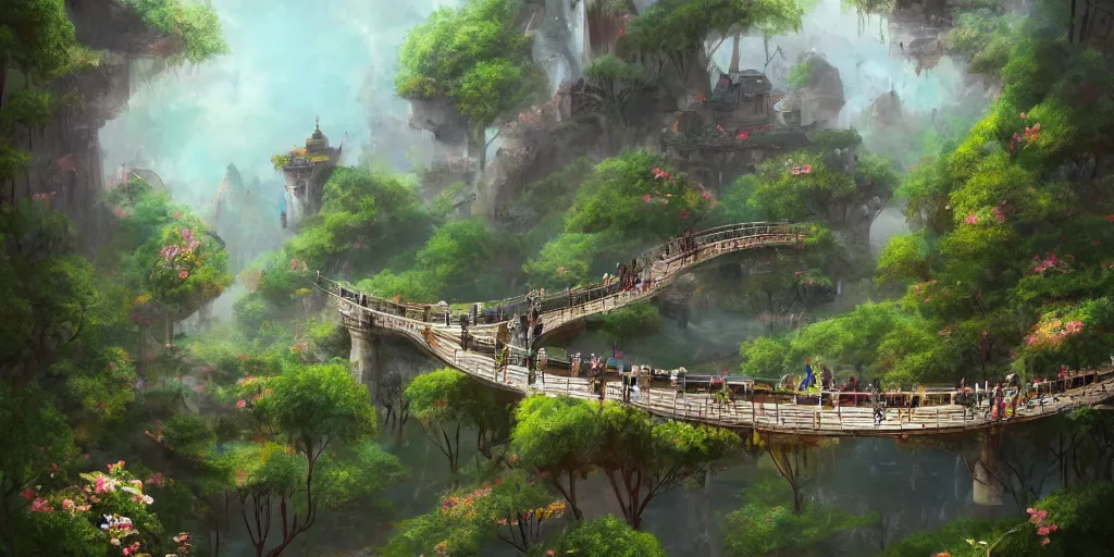 Image similar to a beautiful nature civilization, fancy, flowers, bridges, nature city, people, tree houses, trending on artstation, behance, deviantart