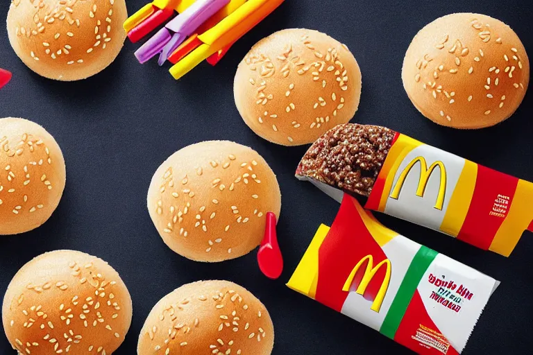 Image similar to mcdonalds!! crayons between sesame seed buns, commercial photograph