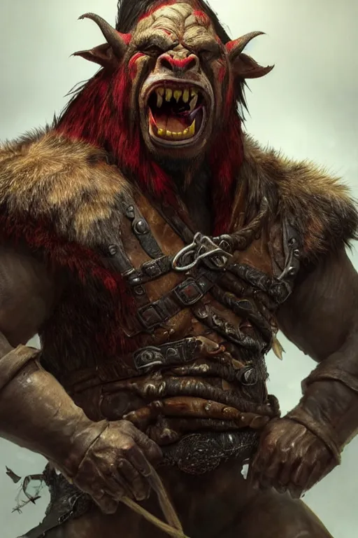 Prompt: A full body shot of a handsome orc looking into the camera wearing a leather fur jacket, full body shot, detailed face, orc, (((red))), portrait, artstation, realistic, highly detailed, symmetrical, D&D, Dungeons & Dragons, hyper realistic, dynamic pose, high detail, octane render, unreal engine, 8k, fantasy art, highly detailed, dramatic lighting, concept art