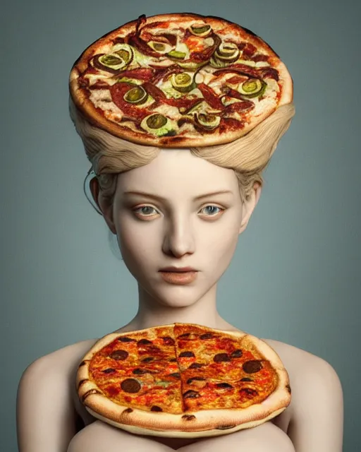 Image similar to Beautiful art portrait of statue of a female made of pizza, atmospheric lighting, intricate detail, cgsociety, hyperrealistic, octane render, RPG portrait, ambient light, dynamic lighting,